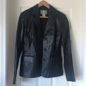 A size-4 black leather jacket by Clio